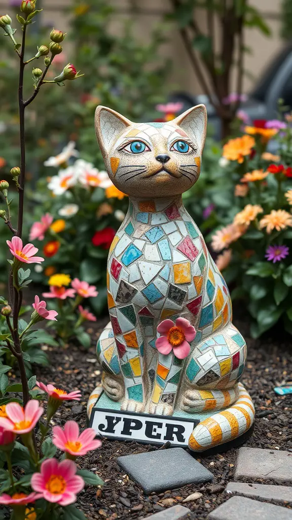 A colorful mosaic cat statue surrounded by flowers in a garden.