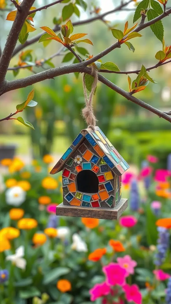 A colorful mosaic birdhouse hanging from a tree branch, surrounded by blooming flowers.