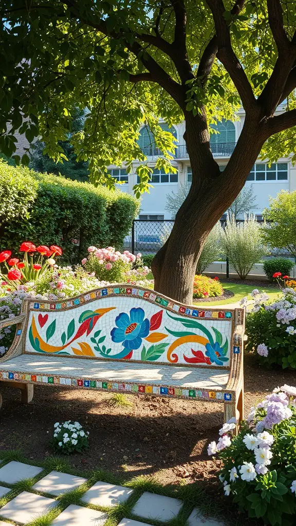 A colorful mosaic garden bench surrounded by flowers and greenery.