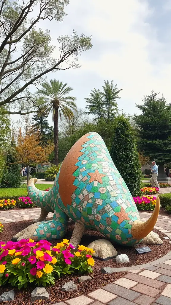 Colorful mosaic garden sculpture of a whimsical creature surrounded by flowers and greenery.