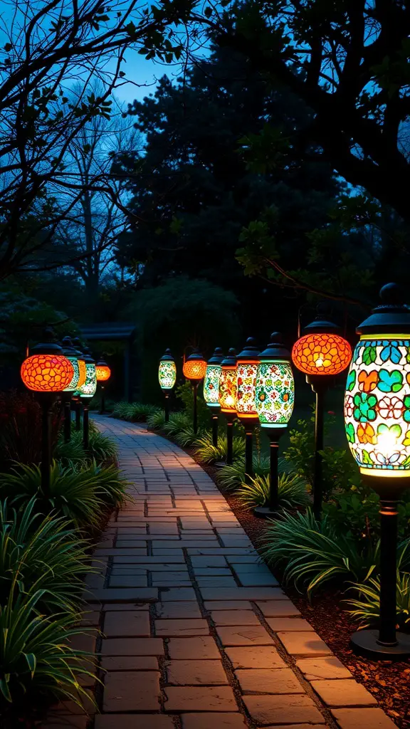 Colorful mosaic lanterns lining a garden path at dusk