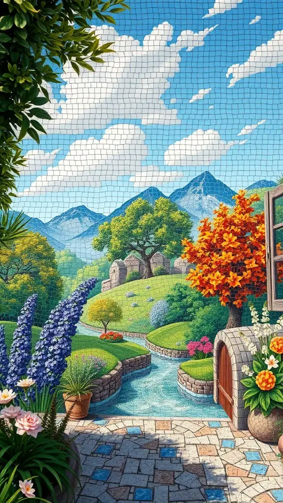 A vibrant mosaic mural depicting a serene landscape with mountains, trees, and a flowing stream.