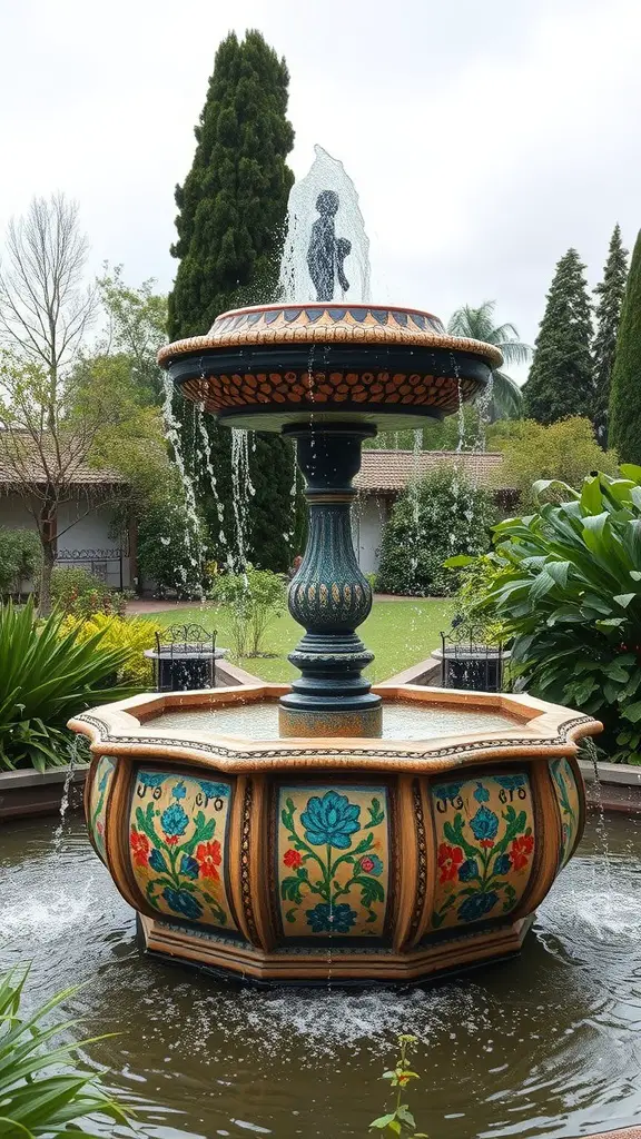 A decorative mosaic fountain in a garden setting with flowing water and floral patterns.