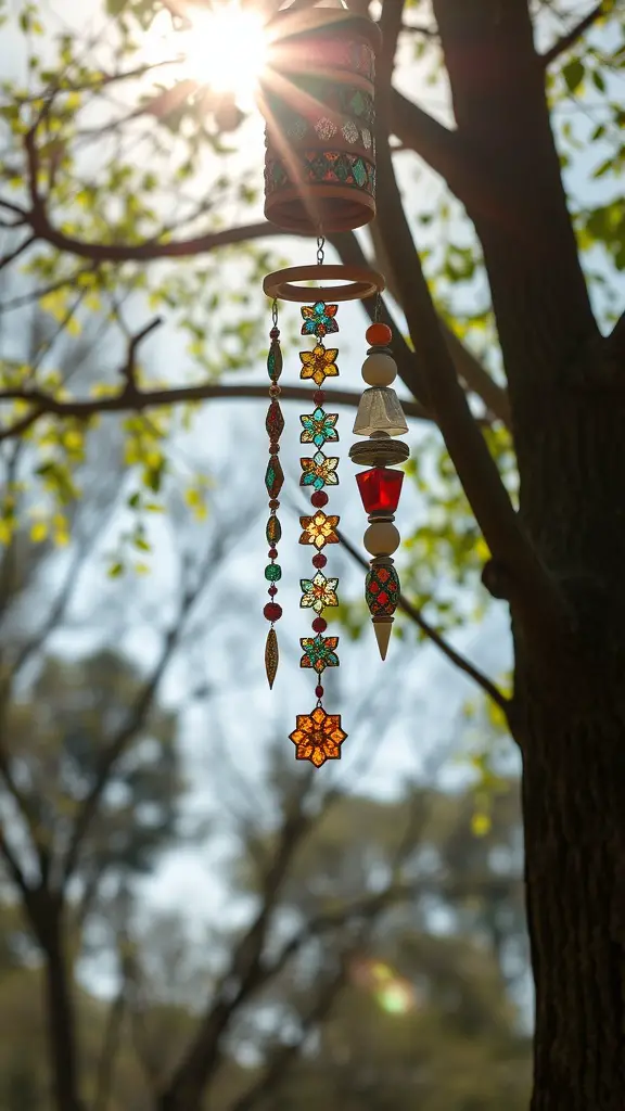 Colorful mosaic wind chimes hanging from a tree with sunlight shining through