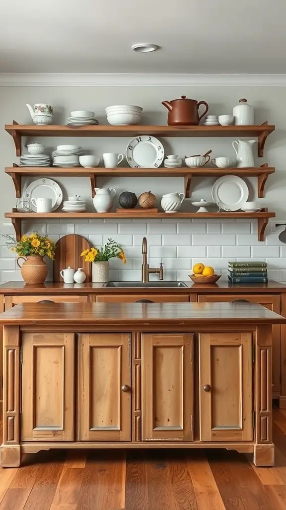 Rustic farmhouse kitchen with open shelving displaying dishes and decorative items