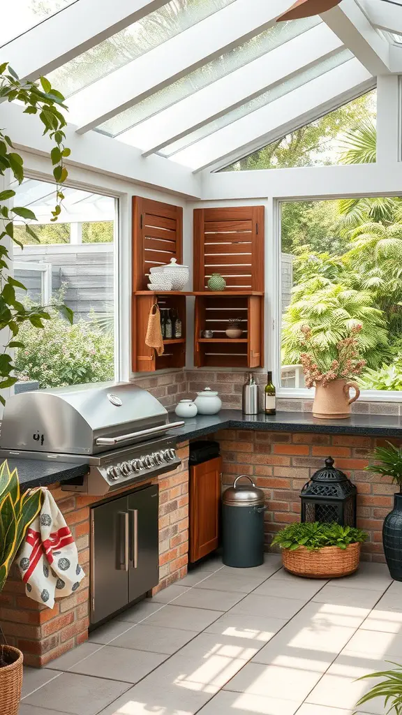 19+ Inspiring Garden Room Ideas for Your Outdoor Retreat 15 A modern outdoor kitchen with a grill, brick walls, and garden access, featuring a glass roof and decorative plants.
