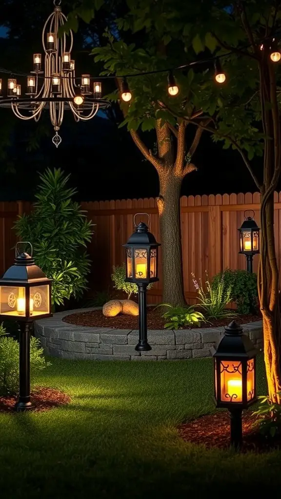 21+ Renter-Friendly Backyard Ideas for a Cozy Outdoor Space 12 A beautifully lit backyard featuring a chandelier, string lights, and lanterns, creating a warm atmosphere.