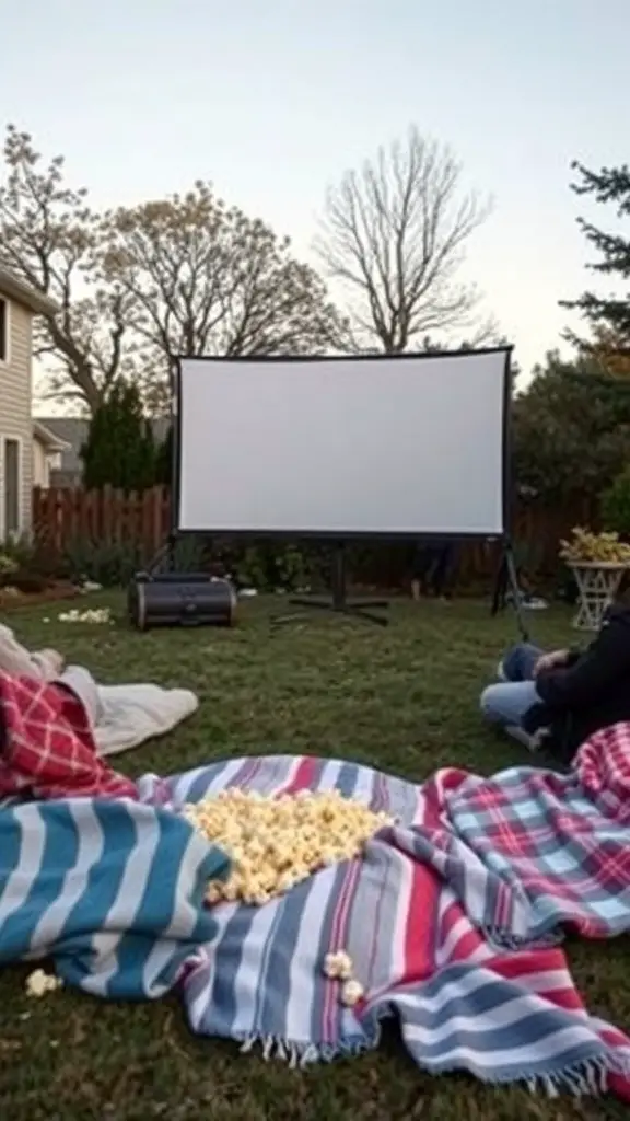21+ Renter-Friendly Backyard Ideas for a Cozy Outdoor Space 13 Outdoor movie night setup with a large screen, blankets, and popcorn in a backyard.