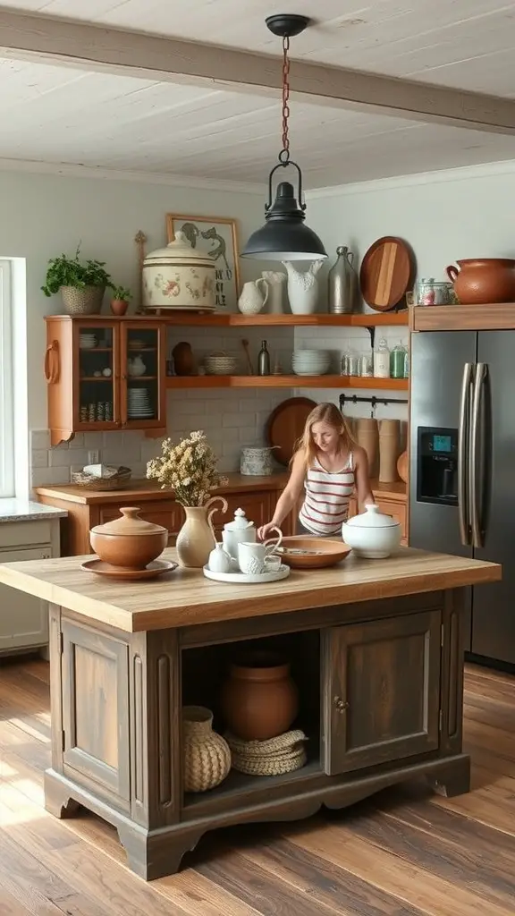 A rustic farmhouse kitchen with a wooden island, vintage pottery, and a woman preparing food.