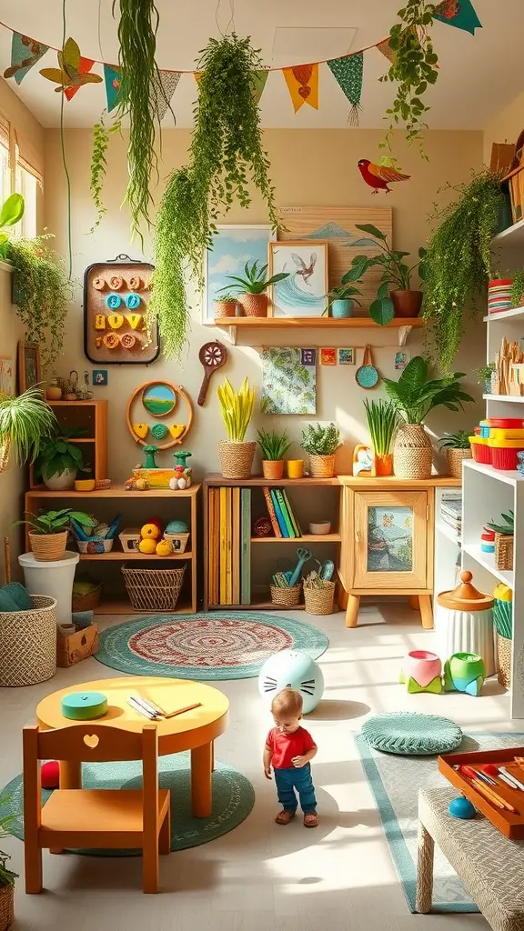 19+ Inspiring Garden Room Ideas for Your Outdoor Retreat 2 A colorful playroom for children with nature themes, featuring plants, bright decorations, and playful furniture.