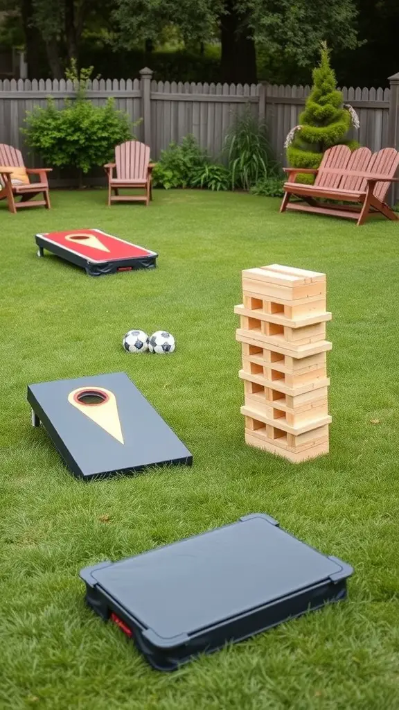 21+ Renter-Friendly Backyard Ideas for a Cozy Outdoor Space 5 A backyard setup featuring portable outdoor games like cornhole, giant Jenga, and soccer balls.
