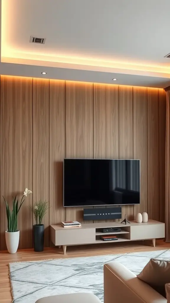 25+ Stunning TV Wall Ideas for Your Living Room 15 A modern living room featuring a large smart TV mounted on a wooden wall with stylish decor.