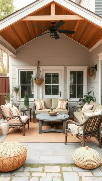 21 Stunning Boho Farmhouse Decor Ideas for a Cozy Home 15 Cozy outdoor living space with comfortable seating, decorative plants, and boho decor.