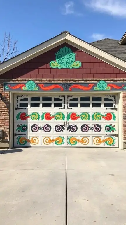 25+ Creative Garage Art Ideas to Transform Your Space 5 A custom painted garage door with colorful swirls and designs.