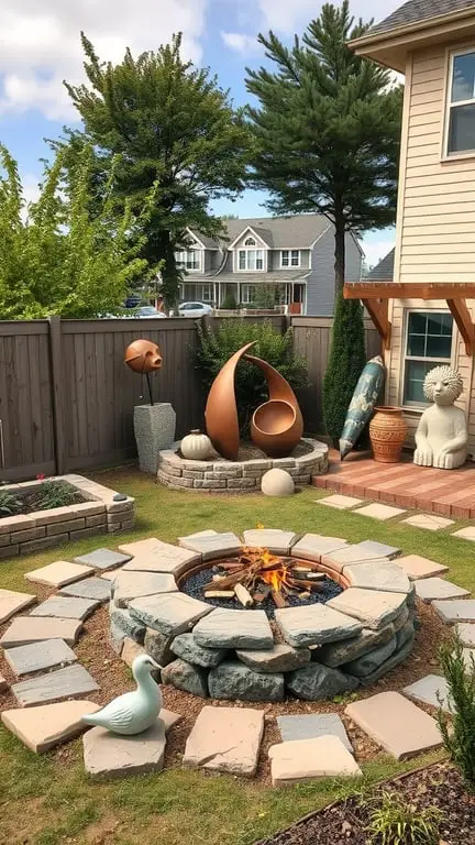 21+ Stunning Firepit Backyard Landscaping Ideas You’ll Love 16 A backyard firepit surrounded by artistic sculptures and greenery, featuring a cozy stone seating area.