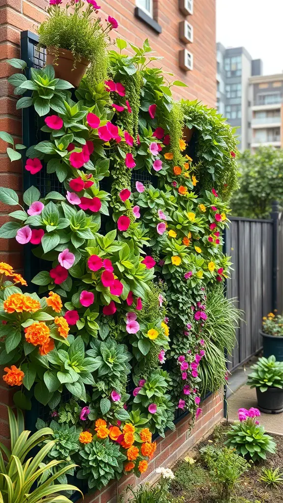 23+ Creative Small City Backyard Ideas for Your Outdoor Space 8 A colorful vertical garden wall with various flowers and greenery against a brick wall.