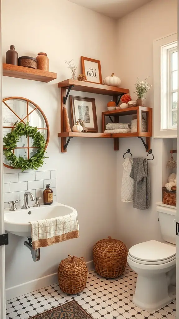 27+ Cozy Fall Bathroom Decor Ideas to Refresh Your Space 4 A cozy bathroom featuring rustic wood accents with shelves displaying fall decor.