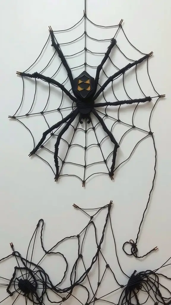 27+ Creative DIY Halloween Decorations You Can Make at Home 11 DIY spider and web wall art featuring a large black spider and an intricate web design.