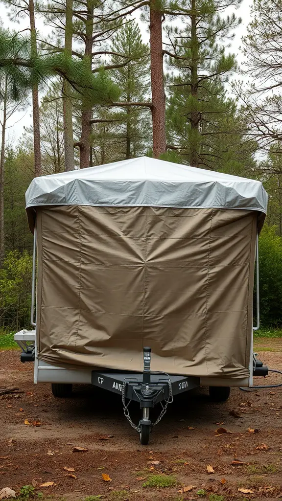 15+ Stylish RV Covers with Deck Designs to Elevate Your Outdoor Space 14 A covered RV in a forested area, showcasing eco-friendly material options for RV covers.