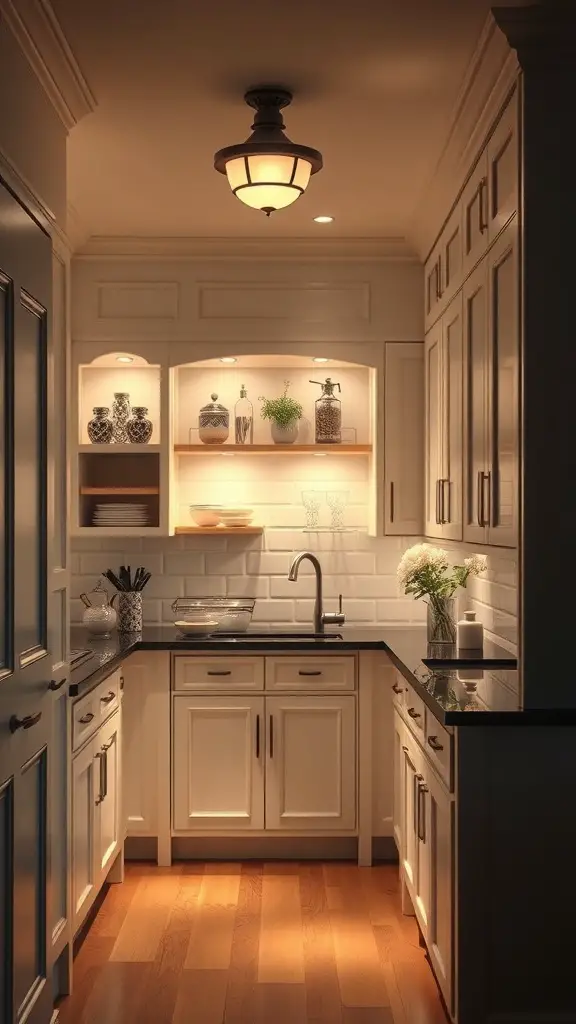 A cozy butler's pantry with warm lighting and stylish decor.