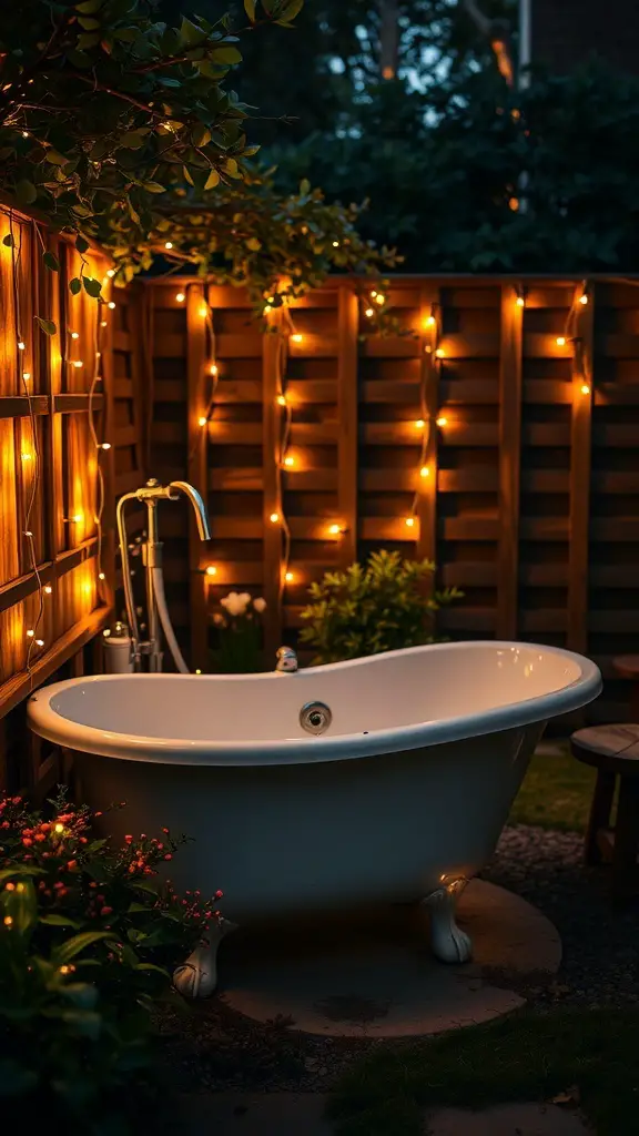 23+ Stunning Ideas for Decorating Your Garden Tub in the Master Bath 13 A garden tub surrounded by fairy lights and greenery, creating a cozy outdoor bath area.