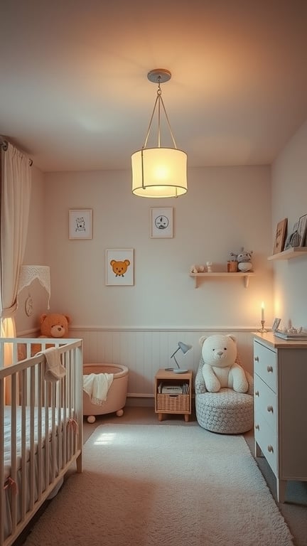 27+ Adorable Gender Neutral Baby Nursery Ideas You’ll Love 5 A cozy gender-neutral baby nursery with soft lighting from a pendant lamp and natural light filtering through sheer curtains.