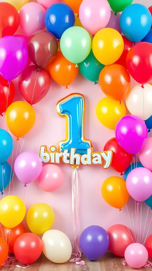19+ Fun and Creative 1st Birthday Party Ideas for Your Little One 4 Colorful balloon decorations for a first birthday party with a large number one balloon.