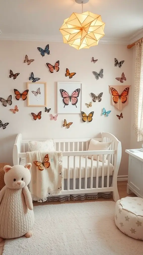 A beautifully decorated nursery featuring butterfly-themed decor, including wall art, a crib, and soft lighting.