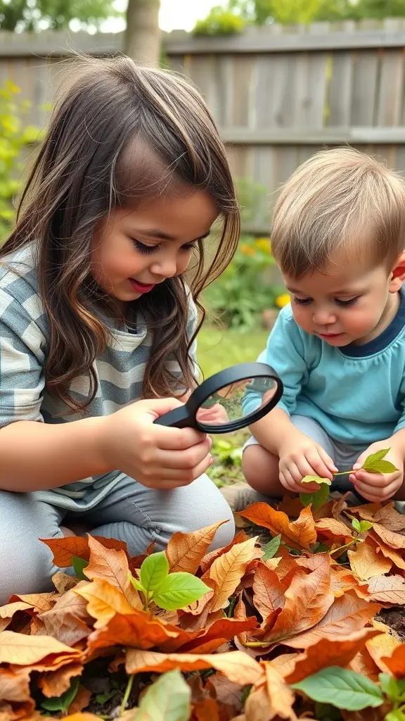 Two children examining leaves in a backyard setting