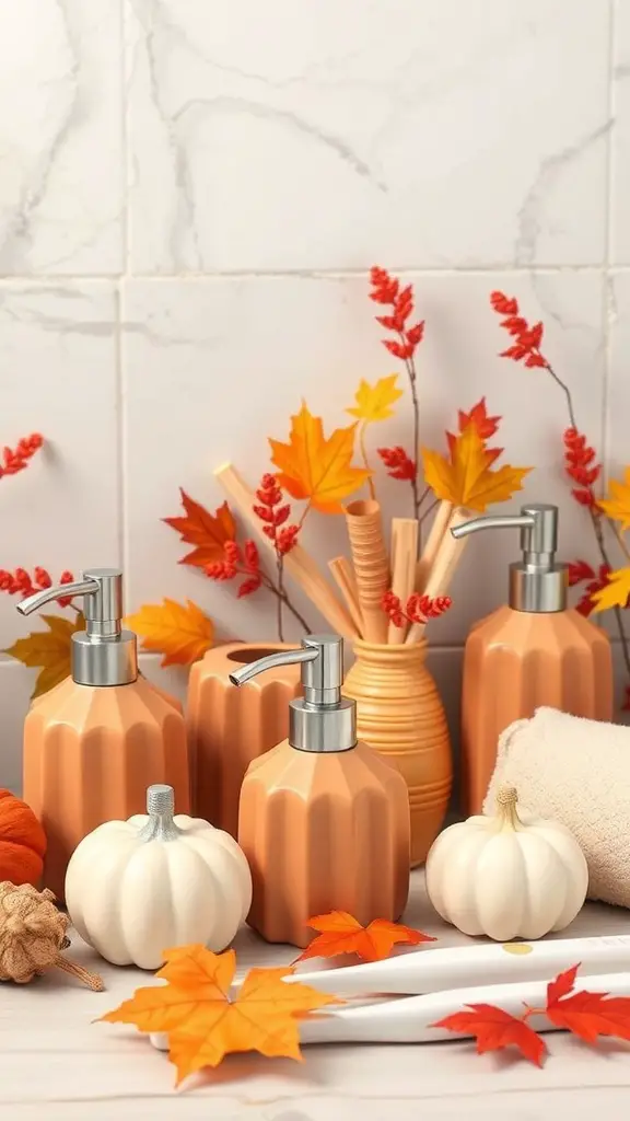 27+ Cozy Fall Bathroom Decor Ideas to Refresh Your Space 10 Fall bathroom decor with pumpkin soap dispensers, white pumpkins, and autumn leaves.