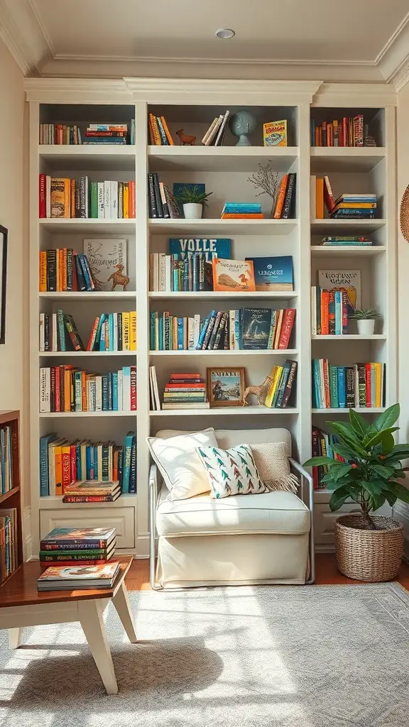 23+ Cozy Homeschool Room Ideas for a Perfect Learning Space 8 A cozy reading corner featuring bookshelves filled with colorful books, a comfortable chair, and a small plant.