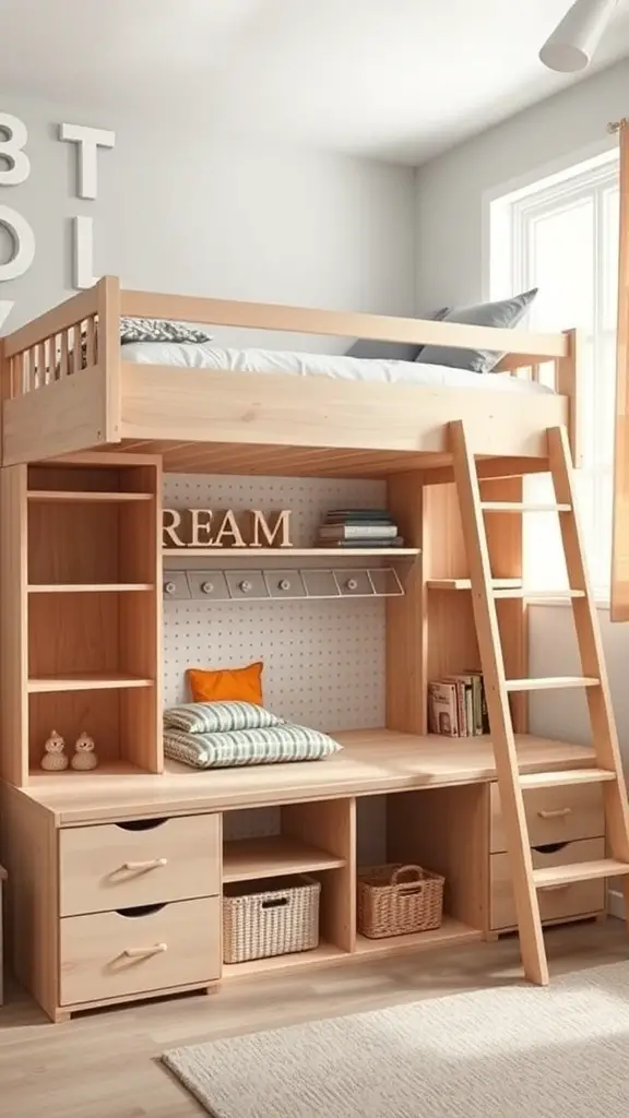 A stylish loft bed with a desk and storage underneath, designed for adults.