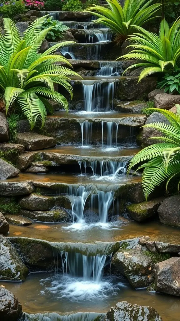 19+ Beautiful Small Garden Waterfalls to Transform Your Outdoor Space 16 A tiered garden waterfall with multiple levels, surrounded by ferns and flowers.