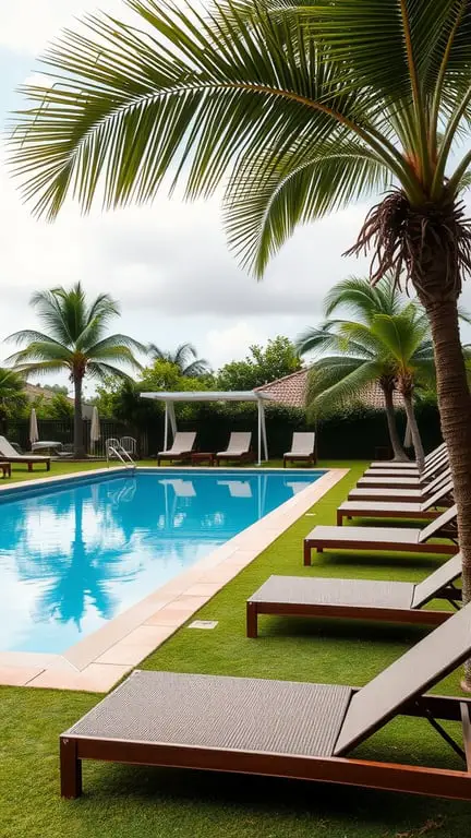 17+ Inspiring Turf Backyard Ideas for a Gorgeous Outdoor Space 14 A beautiful poolside area with lounge chairs and palm trees, surrounded by lush green turf.