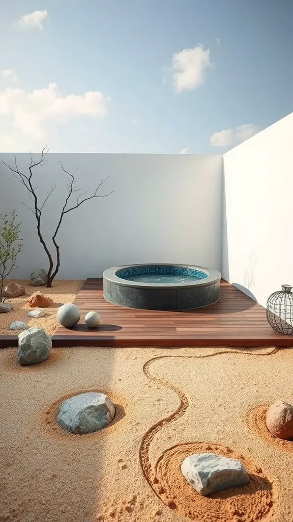 23+ Stunning Hot Tub Deck Designs to Elevate Your Outdoor Oasis 12 A serene hot tub area designed like a zen garden with wooden deck, sandy ground, and natural stones.