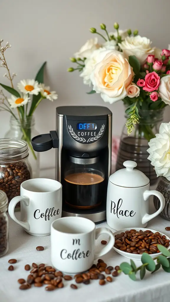 19+ Adorable Coffee-Themed Bridal Shower Ideas You’ll Love 8 A coffee bar setup featuring a coffee maker, personalized mugs, and decorative flowers.