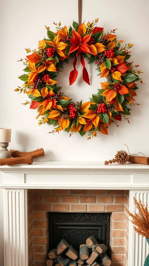 27+ Stylish Fireplace Decor Ideas You’ll Love 8 A colorful autumn wreath with orange and yellow leaves, berries, and a bow, hanging above a fireplace.