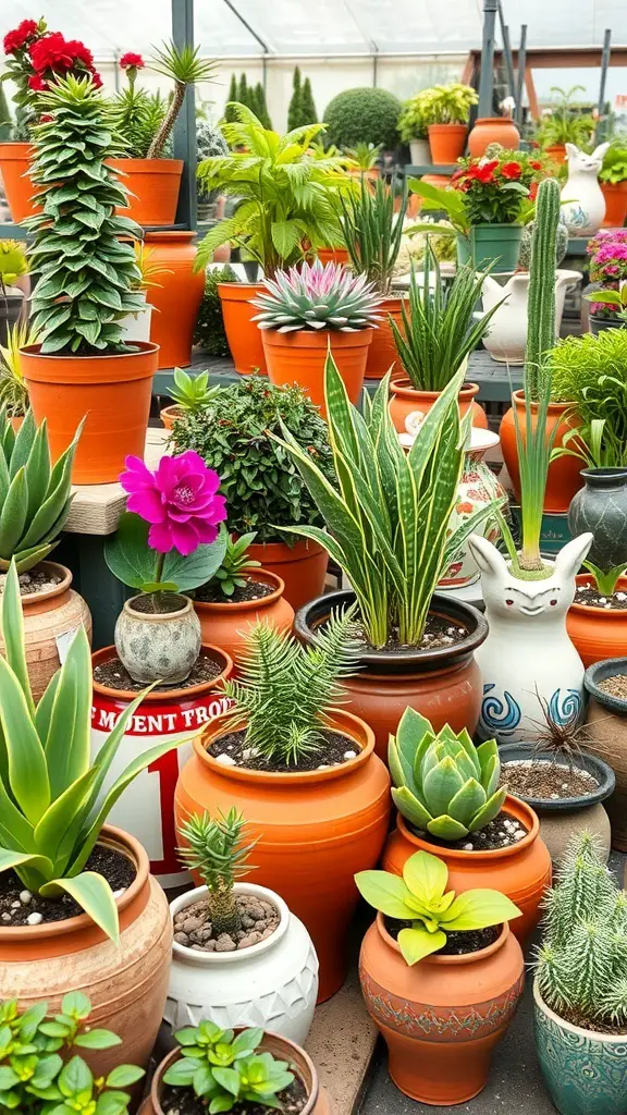 A variety of colorful plant pots filled with different types of plants in a garden nursery.