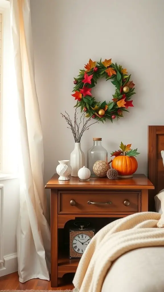 21 Essential Nightstand Organization Ideas for a Clutter-Free Bedroom 12 A cozy nightstand decorated for fall with a wreath, pumpkins, and various decorative items.