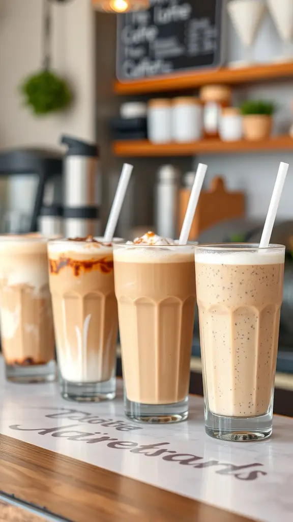 17 Creative Coffee Baby Shower Ideas You’ll Love 10 A variety of coffee-flavored beverages displayed in tall glasses, showcasing different flavors and styles.