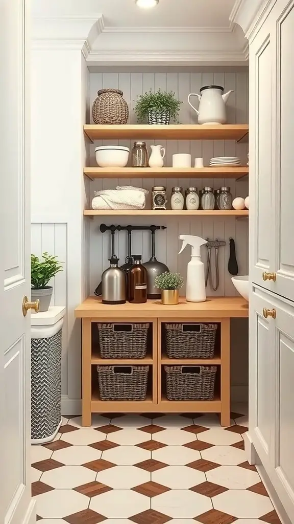 A well-organized butler's pantry with shelves, cleaning supplies, and a stylish trash bin.