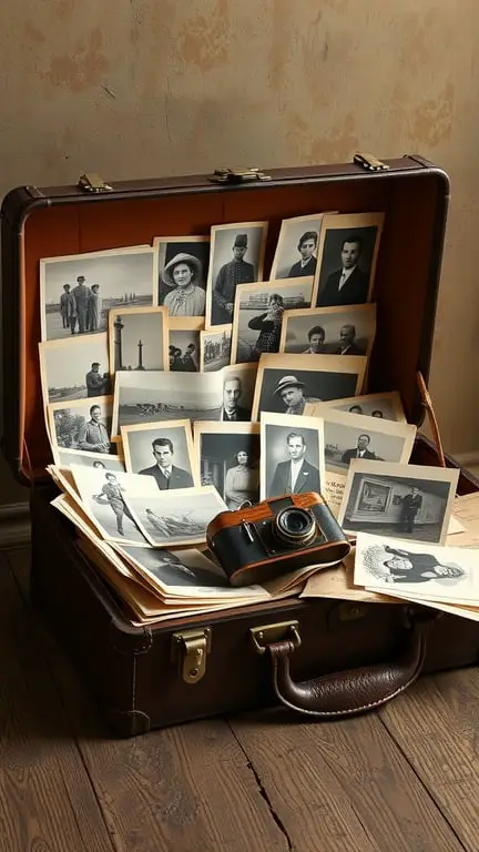 15 Creative Ways to Store and Display Old Photos 11 A vintage suitcase filled with black-and-white photographs and an old camera.