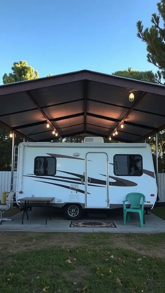 17+ Creative RV Shelter Ideas to Protect Your Home on Wheels 11 A multi-purpose RV shelter with a trailer parked underneath, featuring outdoor seating and lights.