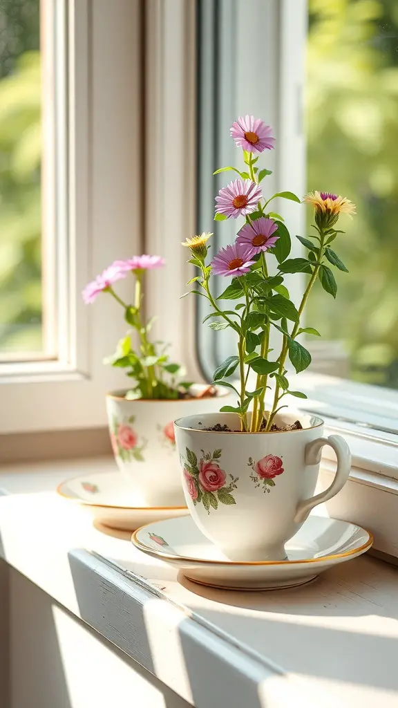 25+ Unique Plant Pot Designs You Need to Try 10 Two vintage teacups with flowers on a windowsill