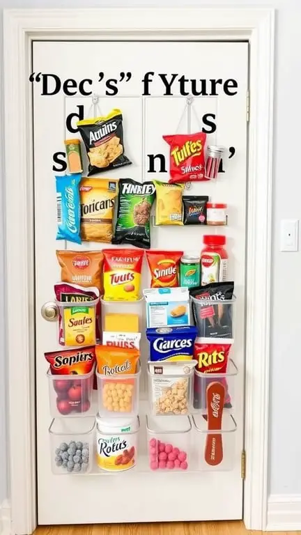 An over-the-door organizer filled with various snacks and food items, showcasing a neat and organized pantry solution.