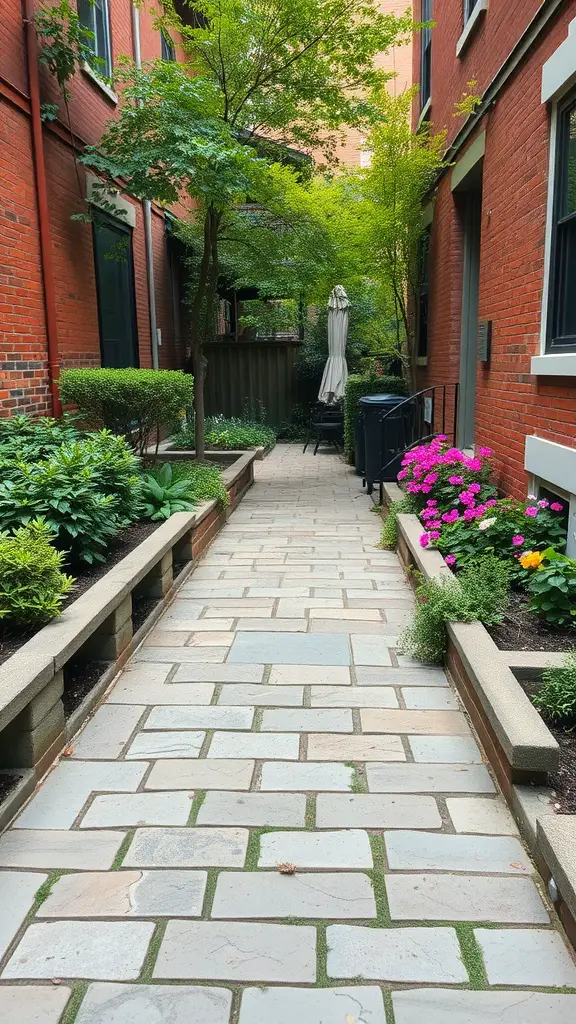 23+ Creative Small City Backyard Ideas for Your Outdoor Space 13 A charming pathway made of pavers, flanked by colorful flowers and greenery in a small city backyard.