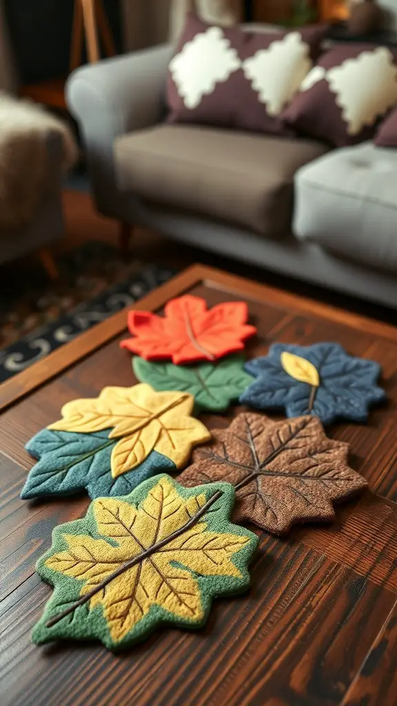 23+ Creative Fall Crafts to Sell This Season 4 Colorful felt leaf coasters in various shapes and colors on a wooden table.