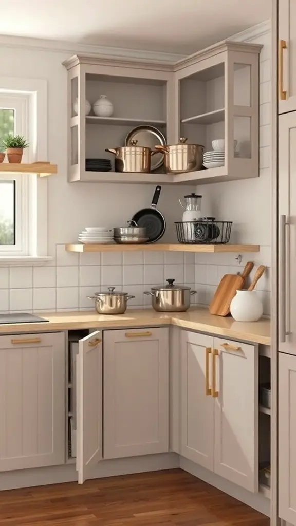 23+ Genius Ways to Organize Your Pots and Pans Storage 11 Stylish corner cabinets in a kitchen with pots and pans stored neatly.