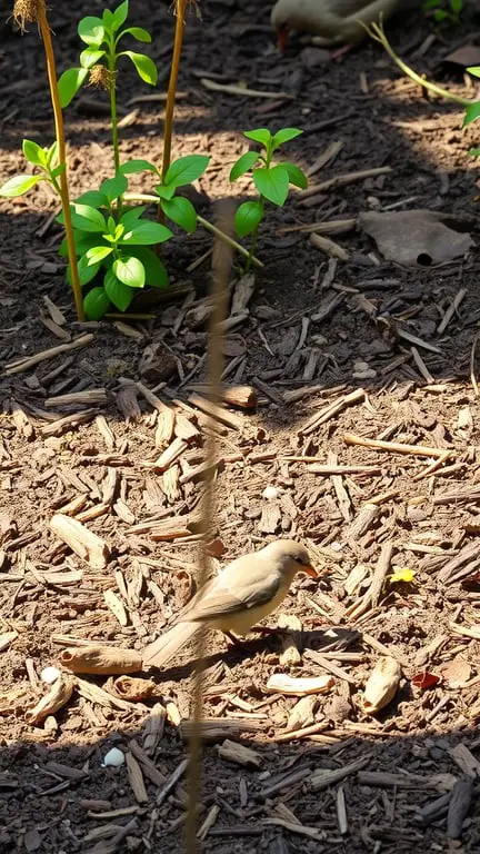 19+ Essential Tips for Creating a Bird-Friendly Garden 14 A bird foraging on mulch in a garden with green plants.