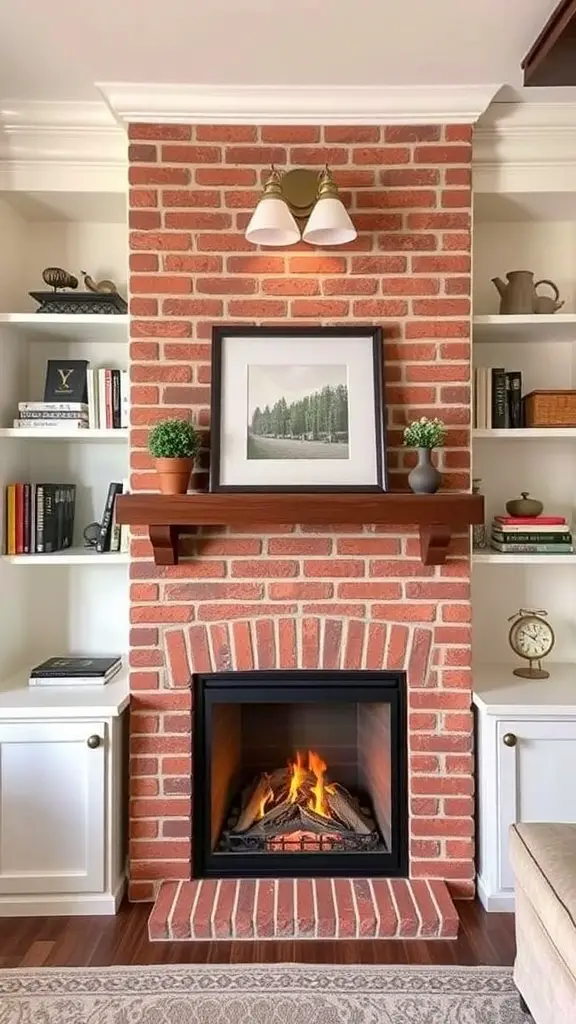 19+ Creative Fireplace Wall Ideas to Transform Your Space 5 A cozy fireplace wall with built-in shelving, featuring books and decorative items.